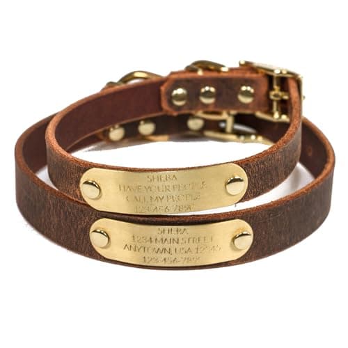 Copper Leaf Leather Handmade Bridle Leather Collar, Brass Nameplate